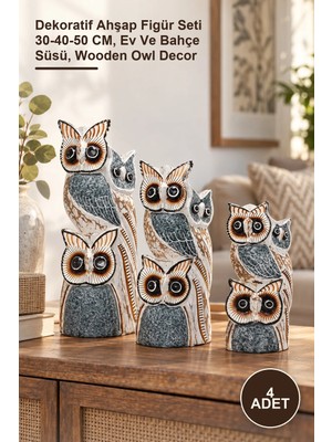 Yenilig 4 Adet Ahşap 3'lü Baykuş Seti – Dekoratif Ahşap Figür Seti 30-40-50 Cm, Ev ve Bahçe Süsü, Wooden Owl Decor