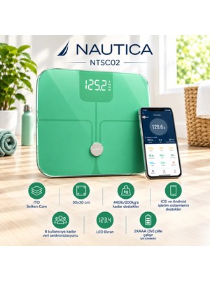 Nautica NTSC02 Akıllı Dijital Vücut Analiz Baskülü 200 kg Bluetooth ITO Cam LED Ekran Yeşil