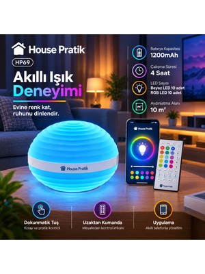 House Pratik HP69 Akıllı LED Masa Lambası RGBW WiFi Uygulama Kumandalı Dokunmatik 1200mAh Beyaz