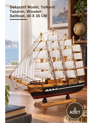 Yenilig 2 Adet Ahşap Yelkenli Gemi – Dekoratif Model, Yelkenli Tasarım, Wooden Sailboat, 40 x 35 cm