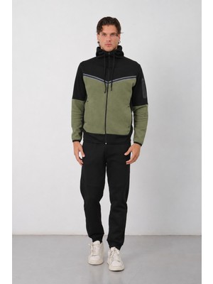 Dechers Erkek Siyah Tech Fleece Double Face Kapüşonlu Fermuarlı Eşofman Takımı - E228