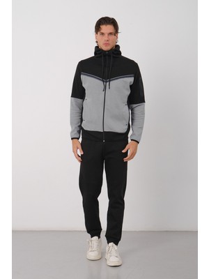 Dechers Erkek Siyah Tech Fleece Double Face Kapüşonlu Fermuarlı Eşofman Takımı - E228