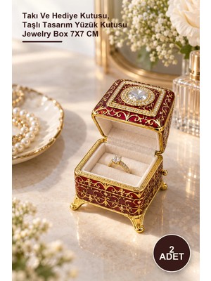 Yenilig 2 Adet Taşlı Kutu – Takı ve Hediye Kutusu, Taşlı Tasarım Yüzük Kutusu Jewelry Box 7x7 cm