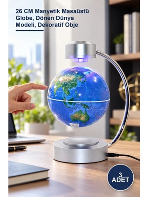 Yenilig 3 Adet Mıknatıslı Ortada Dönen Dünya Küre – 26 cm Manyetik Masaüstü Globe, Dönen Dünya Modeli, Dekoratif Obje