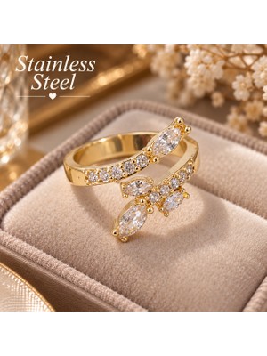 Stainless Steel Gold Renk Zirkon Taşlı Ayarlanabilir Çelik Yüzük