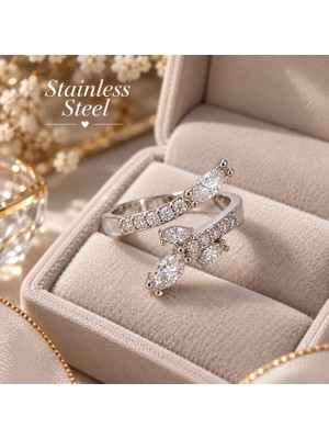 Stainless Steel Gümüş Renk Zirkon Taşlı Ayarlanabilir Çelik Yüzük