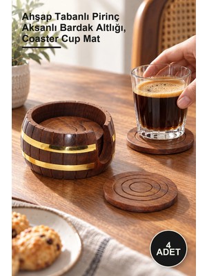 Yenilig 4 Adet Pirinç Yuvarlak Ahşap Bardak Altı – Ahşap Tabanlı Pirinç Aksanlı Bardak Altlığı, Coaster Cup Mat