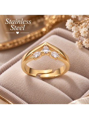 Stainless Steel Gold Renk Ayarlanabilir Zirkon Taşlı Antialerjik Çelik Yüzük