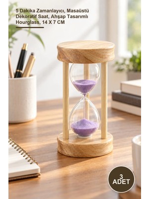 Yenilig 3 Adet Ahşap Kum Saati – 5 Dakika Zamanlayıcı, Masaüstü Dekoratif Saat, Ahşap Tasarımlı Hourglass, 14 x 7 cm