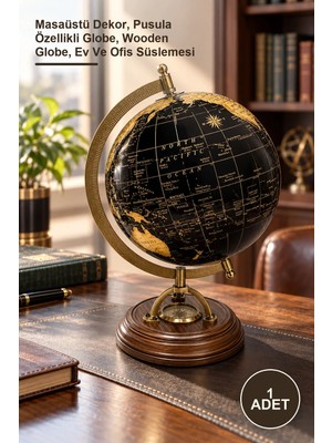 Yenilig 1 Adet Ahşap Pusulalı Dekoratif Dünya Küre – Masaüstü Dekor, Pusula Özellikli Globe, Wooden Globe, Ev ve Ofis Süslemesi
