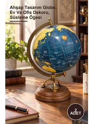 Yenilig 2 Adet Ahşap Pusulalı Dekoratif Dünya Küre – Ahşap Tasarım Globe, Ev ve Ofis Dekoru, Süsleme Öğesi