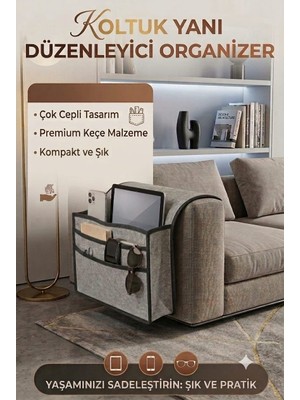 MYS Flex Gri Kumandalık Koltuk Kenarı Organizer Yan Sehpa Koltuk Kenarı Keçe Düzenleyici Tablet Telefon Kitap Dergi Düzenleyici Kanepe Yanı Organizer