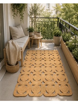 Rönesans Tekstil El Yapımı Doğal Jüt Halı - Yuvarlak Motifli Modüler Hasır Kilim