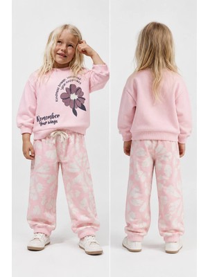 Cg Kids Remember Your Wings Çiçek Baskılı Pembe Sweatshirt Desenli Eşofman Altı 3ip Altüst Takım