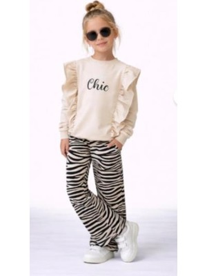 Ay Kids Kız Çocuk "stay Chic" Fırfırlı Sweatshirt ve Zebra Desenli Takım 50041-