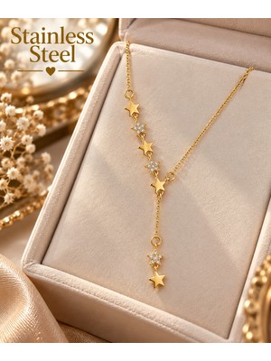 Stainless Steel Gold Renk Zirkon Taşlı Yıldız Detaylı Y Model Çelik Kolye