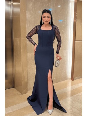 Giyimmasalı Atlas Kumaş Dantel Detaylı Korseli Abiye Elbise - LACİVERT-GYM-02062