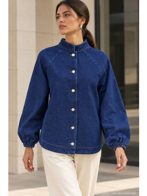 Polo State Kadın Hakim Yaka Raglan Kollu Düğmeli Denim Ceket - Lacivert