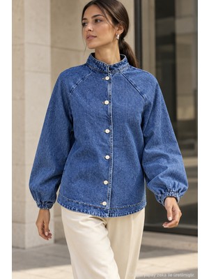 Polo State Kadın Hakim Yaka Raglan Kollu Düğmeli Denim Ceket - Mavi