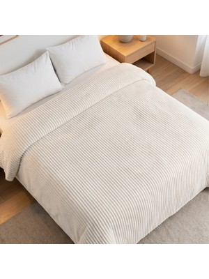 Maxstyle Çizgili Vizon Çift Kişilik Polar Battaniye Kemik 200X220 cm