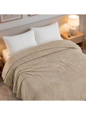 Maxstyle Çizgili Vizon Tek Kişilik Polar Battaniye Mocha 150X220 cm