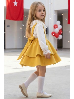 Parla Kids Kız Çocuk Helen Sarı Askılı Elbise Ekru Dantelli Uzun Kollu Bluz Takım 29 Ekim Gösteri Kıyafeti