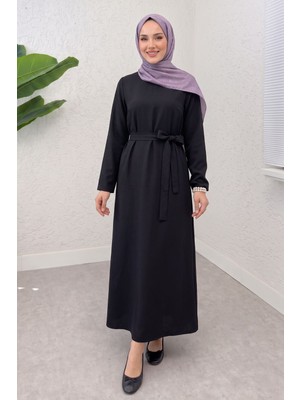 Modestim Kadın Bisiklet Yaka Kuşaklı Düz Tesettür Elbise Siyah