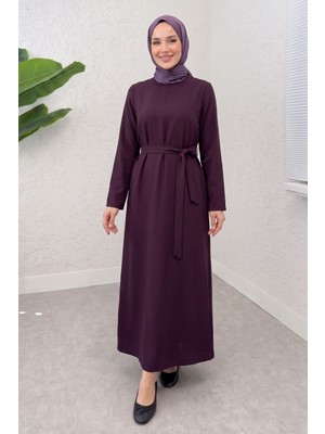 Modestim Kadın Bisiklet Yaka Kuşaklı Düz Tesettür Elbise Bordo