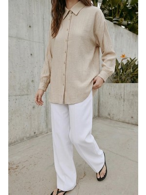 Kado Online Çilek Kumaş Düğmeli Oversize Kadın Gömlek
