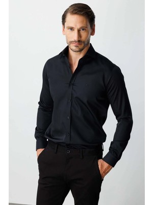 İGS Siyah Slim Fit Dar Kalıp Klasik Yaka Düz Uzun Kollu Cepsiz %100 Pamuk Non Iron Gömlek