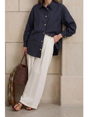 Kado Moda Paraşüt Kumaş Harf Detaylı Düğmeli Oversize Kadın Gömlek