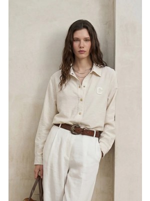 Kado Moda Paraşüt Kumaş Harf Detaylı Düğmeli Oversize Kadın Gömlek