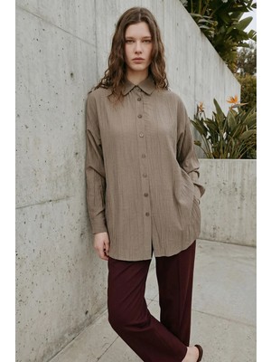 Kado Online Çilek Kumaş Düğmeli Oversize Kadın Gömlek