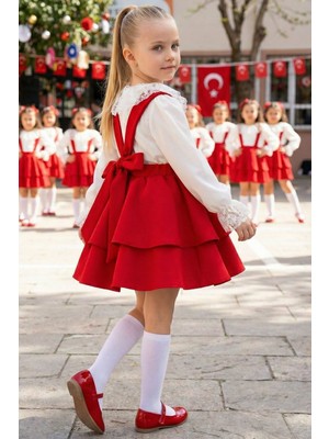 Parla Kids Kız Çocuk Helen Kırmızı Askılı Elbise Ekru Dantelli Uzun Kollu Bluz Takım 29 Ekim Gösteri Kıyafeti