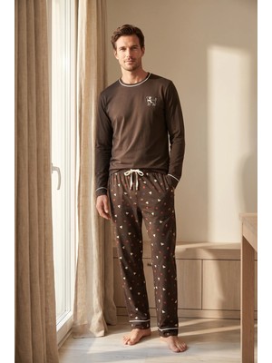 Bony Socks Erkek Lovely Winter Köpek Nakışlı Pijama Takımı Koyu Kahve