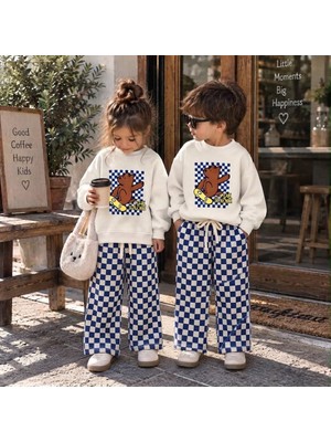 Cg Kids Cool Tricks Kaykaycı Ayı Baskılı Sweatshirt Mavi Beyaz Damalı Kareli Eşofman Alt Üst Takım