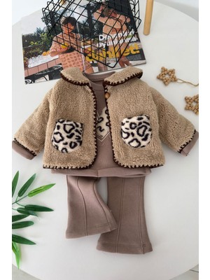Miniğimin Cicileri Leopar Cepli Peluş Ceketli Kız Bebek Kışlık 3’lü Takım - Vizon