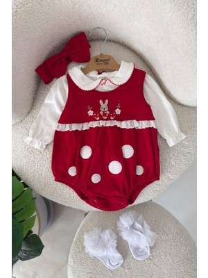 Miniğimin Cicileri Tavşan Işleme Detaylı Kız Bebek Bandanalı 3 Lü Tulum Romper - Kırmızı
