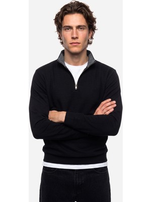 Mudo Erkek Siyah Fermuarlı Dik Yaka Sweatshirt