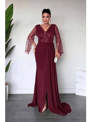 Giyimmasalı Üstü Boncuklu Kumaş Alt Şifon Şal Detaylı Abiye Elbise - BORDO-GYM-41143