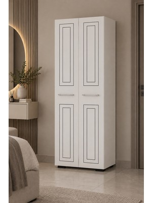 Dekortis Home Dekor DHDDLP1B Duru Lazer Desenli 2 Kapaklı Raflı Gardıro Beyaz