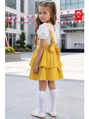 Parla Kids Kız Çocuk Helen Sarı Askılı Elbise Ekru Dantelli Kısa Kollu Bluz Takım 29 Ekim Gösteri Kıyafeti