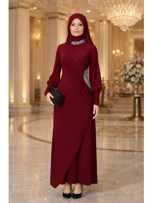 Elben Moda Taş Detaylı Tesettür Abiye Elbise Lav