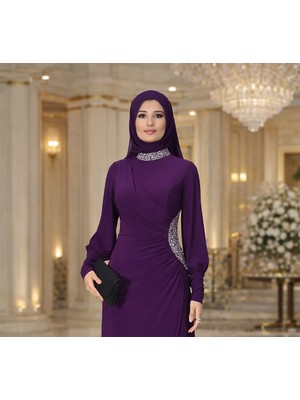 Elben Moda Taş Detaylı Tesettür Abiye Elbise Lav