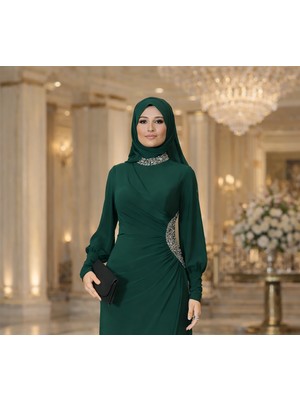 Elben Moda Taş Detaylı Tesettür Abiye Elbise Lav