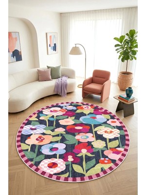 Decomia Home Dijital Kaymaz Yıkanabilir Yuvarlak Renkli Çiçekli Salon Halısı Mutfak Halısı Koridor Halısı