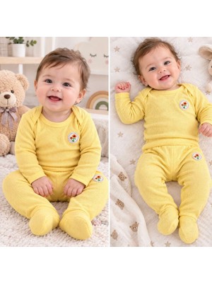 Aki Moda Kids Akı Moda Kıds Sarı Çiçek Nakışlı Uzun Kollu Bebek Takımı – Waffle Kumaş 2'li Takım