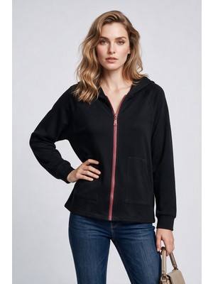 On Kadın Kapüşonlu Tam Fermuarlı Reglan Kol Cepli Sweatshirt