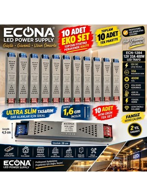 Econa 10 Adet 12V 33A 400W Ultra Slim Fansız LED Trafosu,- Sessiz Fansız Güç Kaynağı Ultra Slim Power Supply