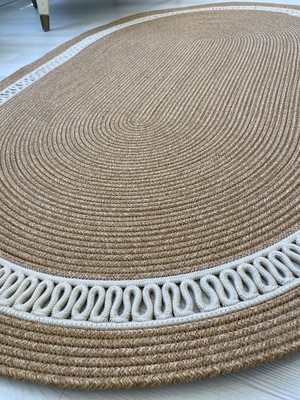 Rönesans Tekstil Oval Jüt Halı Krem Örgü Detaylı Bohem Hasır Kilim – Lina